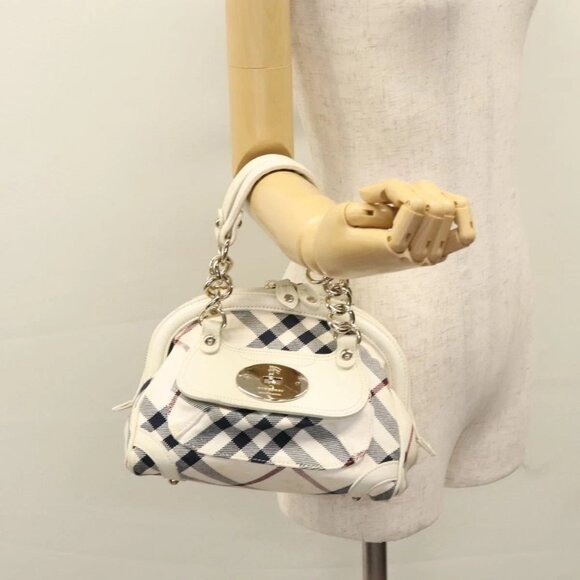 BURBERRY Nova Check Blue Label Hand Bag Canvas Leather Gold White Auth - Picture 1 of 16